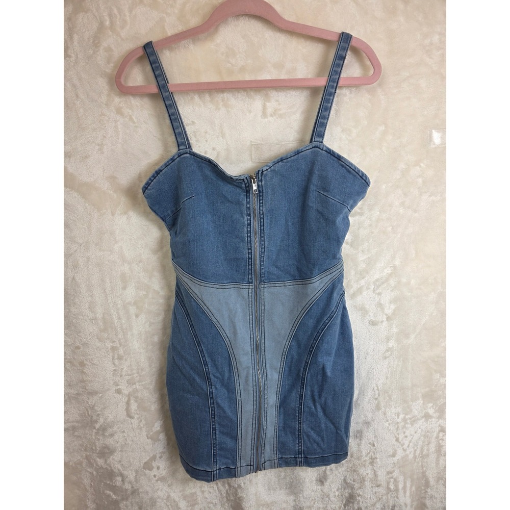 Forever 21 Blue Denim Zip Front Paneled Mini Dress Sleeveless Womens Medium